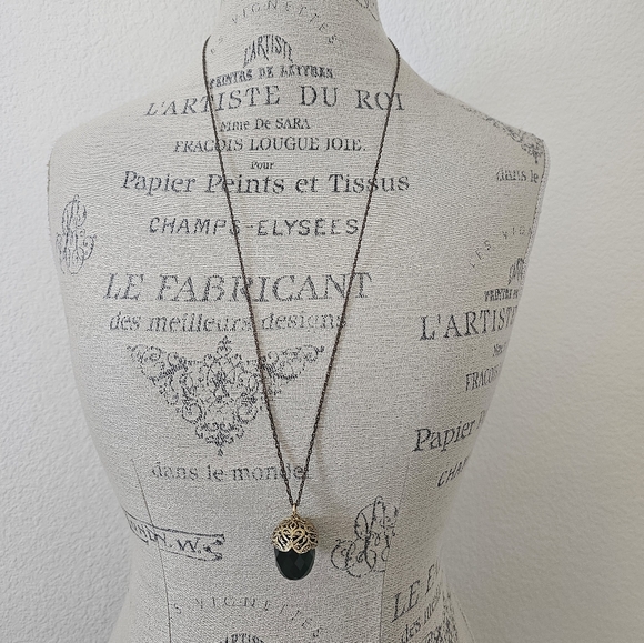 Vintage Neiman Marcus Dark Green Crystal Acorn Long Chain Necklace Gold Plated - Picture 1 of 6